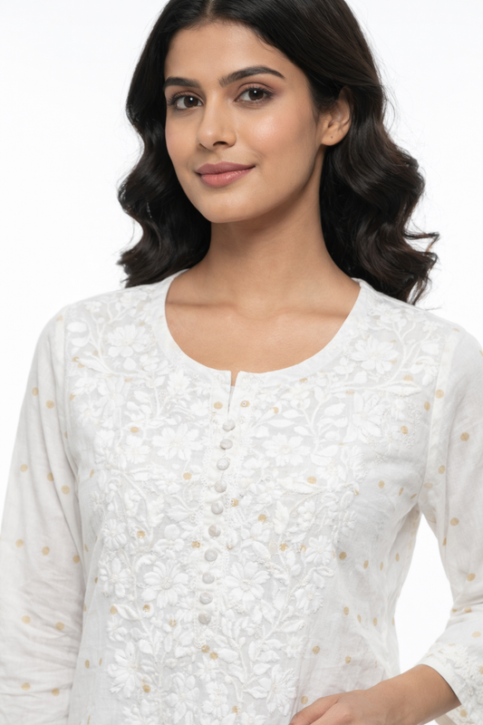 Alviaura White Chanderi Kurti with Yellow Dots