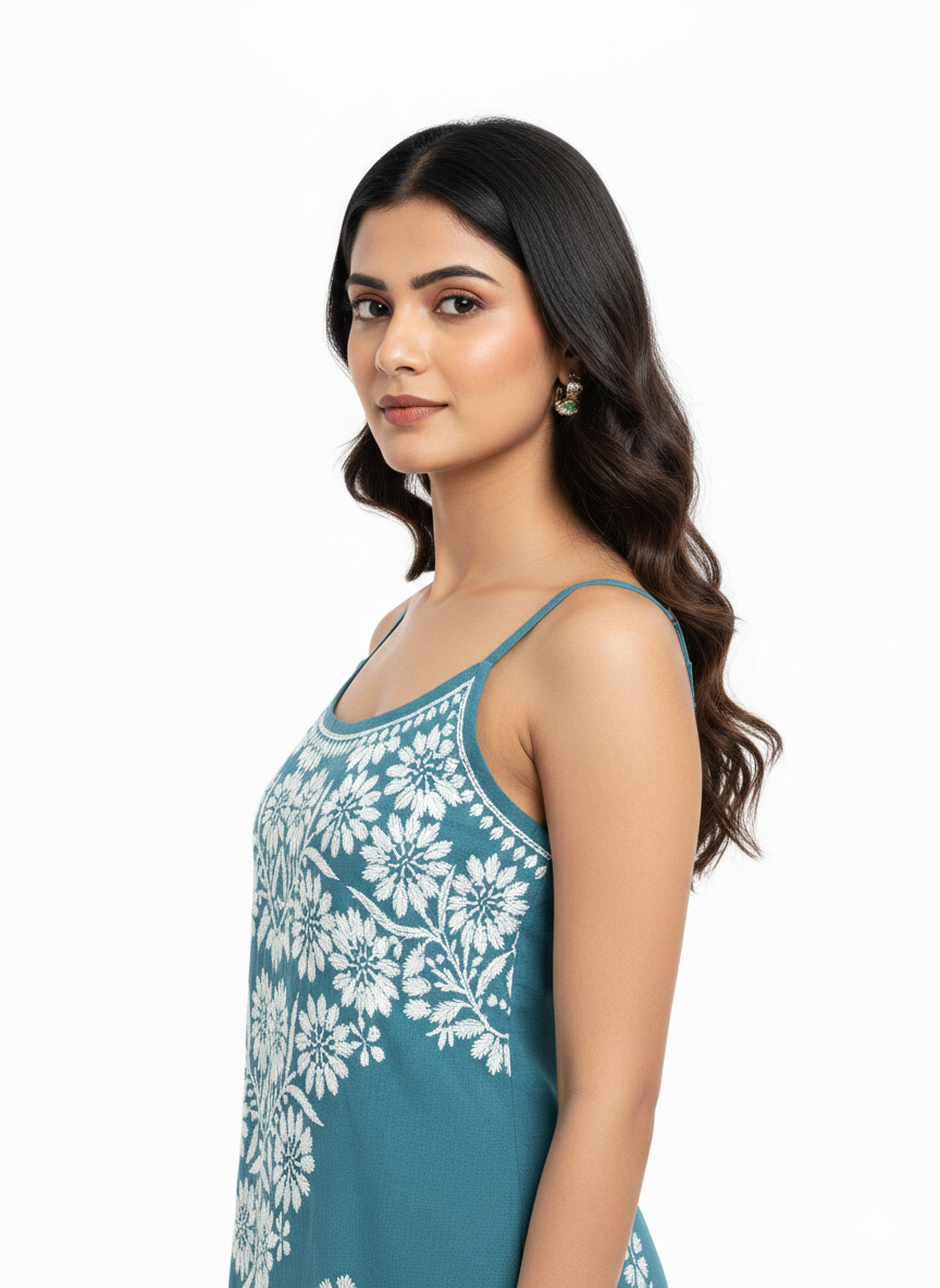 ALVIAURA Teal Blue Chikankari Maxi Dress