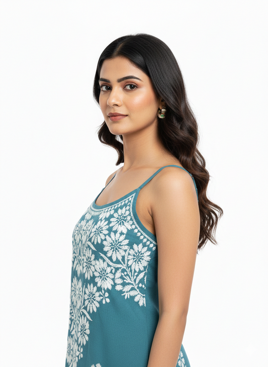 ALVIAURA Teal Blue Chikankari Maxi Dress