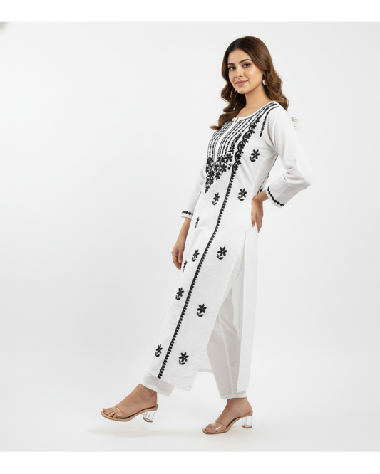 White Cotton Blend Embroidered Straight Kurti for Women