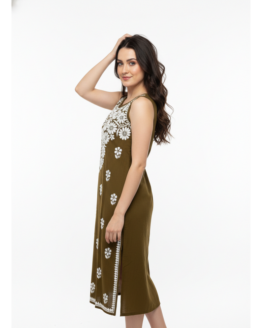 ALVIAURA Mehndi Lucknow Chikankari Rayon Dress for Women