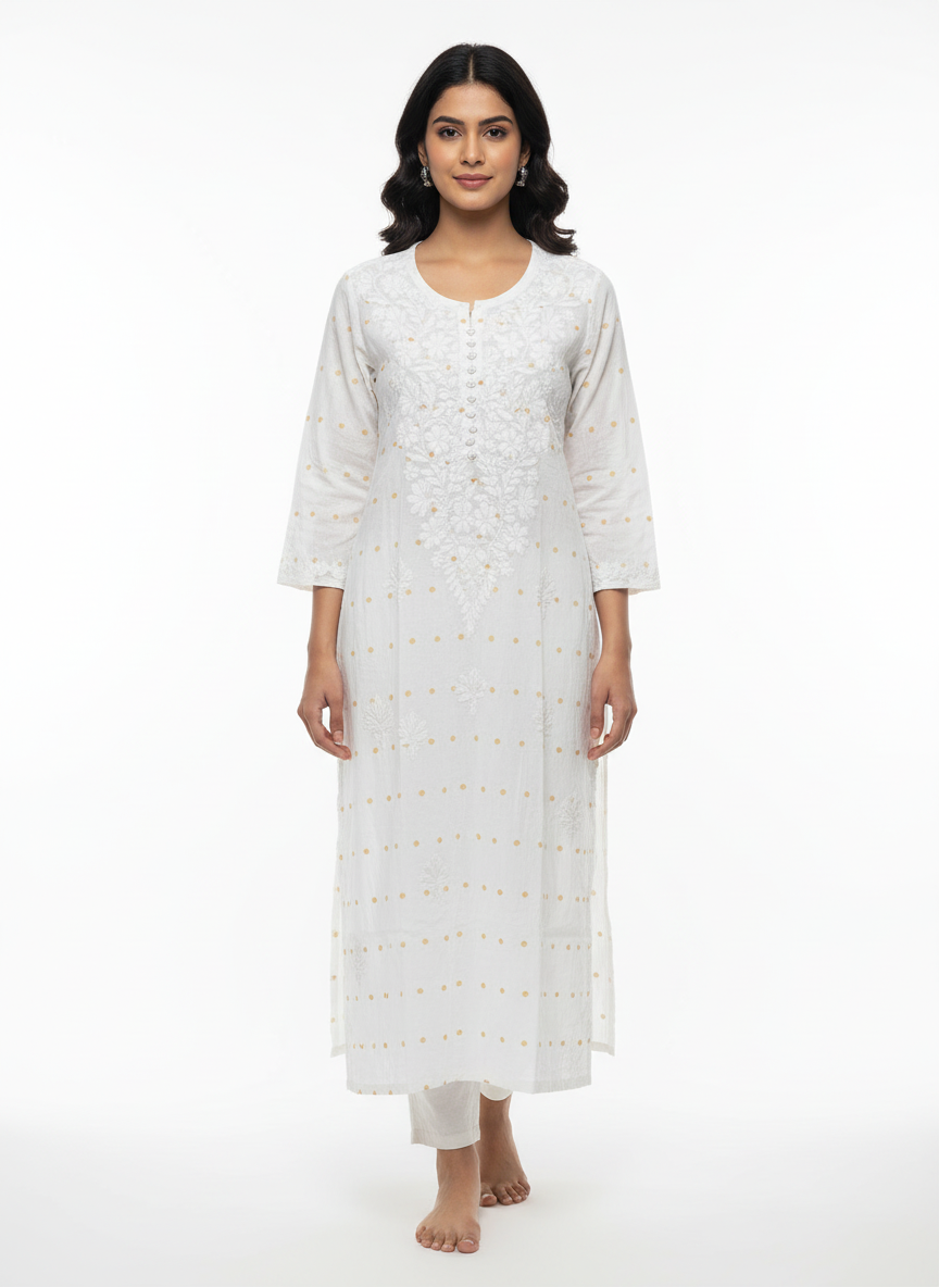 Alviaura White Chanderi Kurti with Yellow Dots