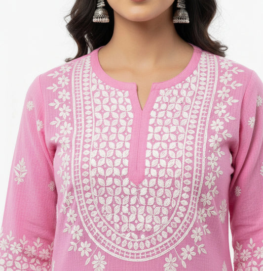Pink Lucknow Chikankari Embroidered Kurti in Zig Zag Rayon – Alviaura