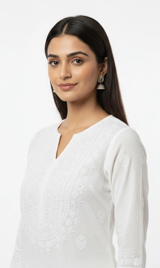 White Lucknow Chikankari Kurti in Zig Zag Rayon | Alviaura