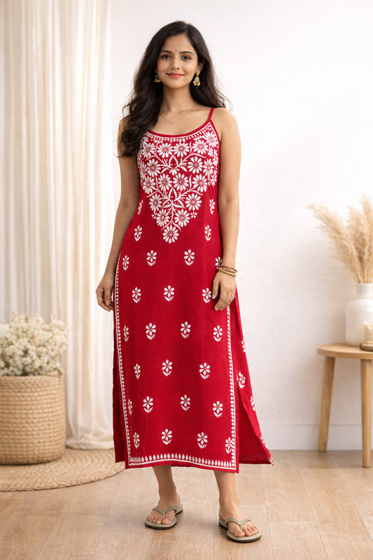 ALVIAURA Red Lucknow Chikankari Rayon Dress for Women
