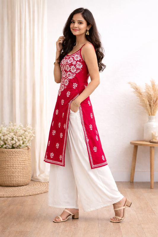 ALVIAURA Red Lucknow Chikankari Rayon Dress for Women