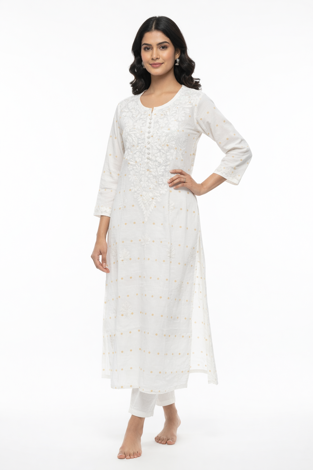 Alviaura White Chanderi Kurti with Yellow Dots