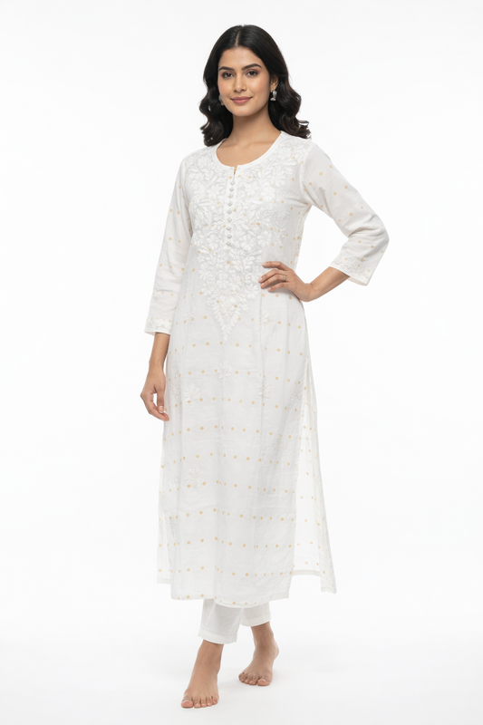 Alviaura White Chanderi Kurti with Yellow Dots