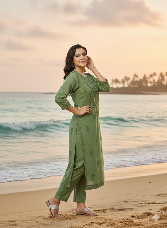 Green Pure Chanderi Lucknow Chikankari Kurti for Women | Alviaura