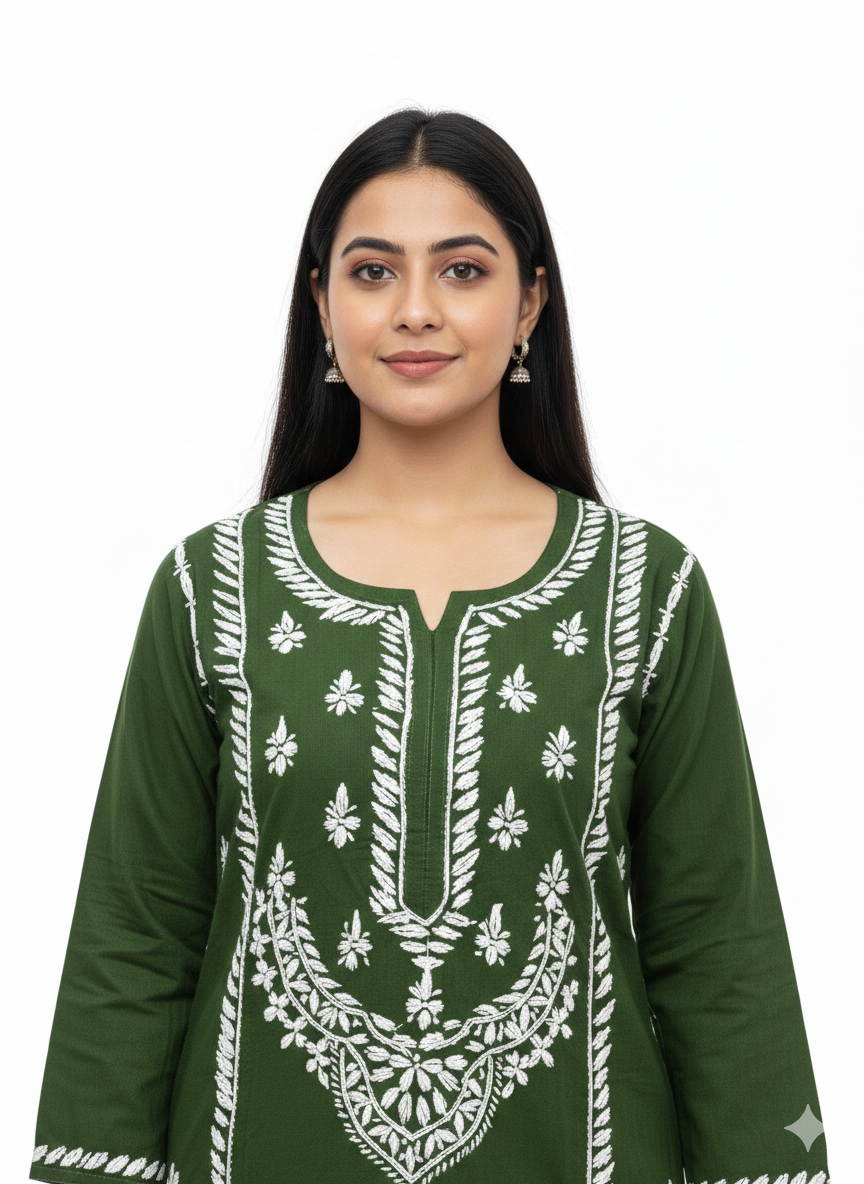 ALVIAURA Green Cotton Lucknow Chikankari Long Kurti for Women