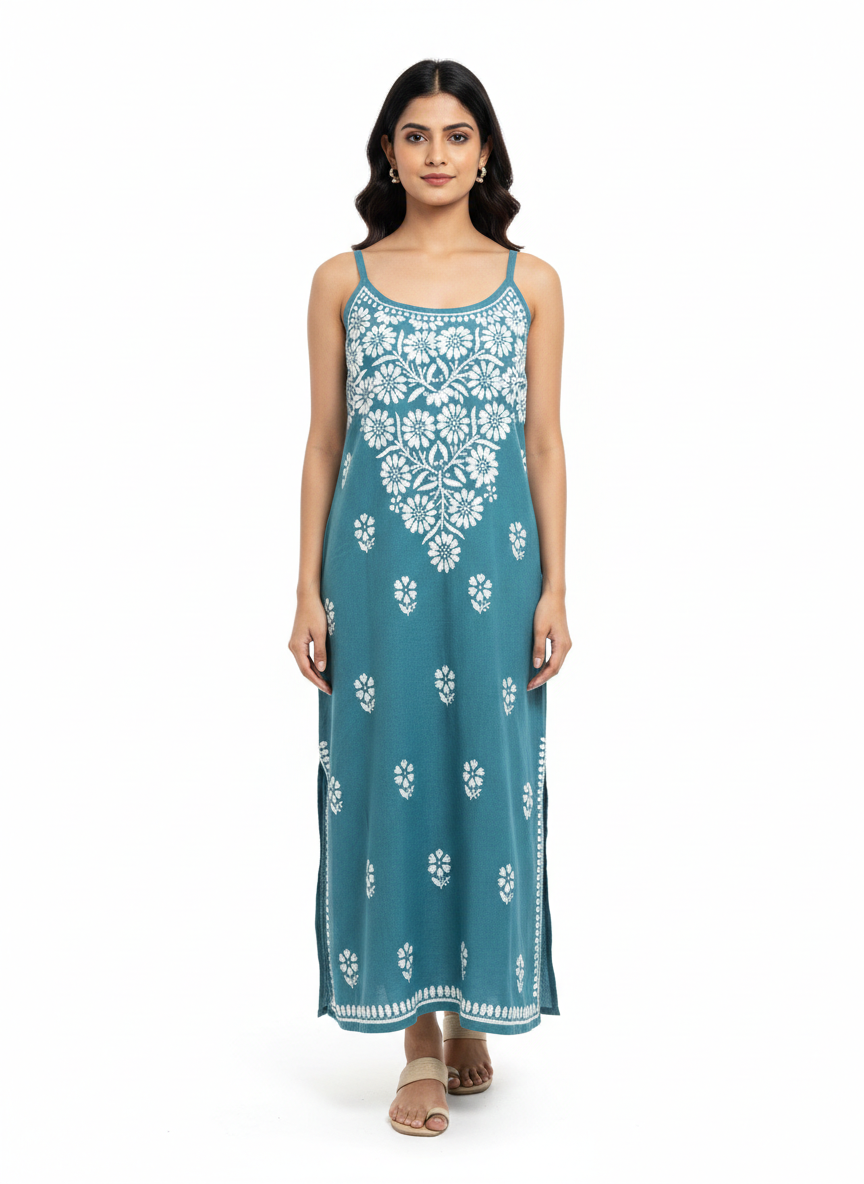 ALVIAURA Teal Blue Chikankari Maxi Dress