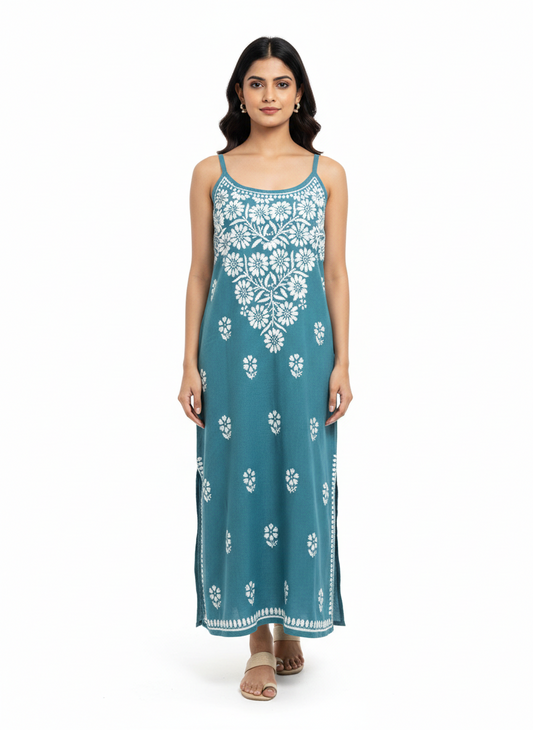 ALVIAURA Teal Blue Chikankari Maxi Dress