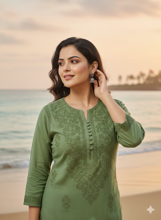 Green Pure Chanderi Lucknow Chikankari Kurti for Women | Alviaura
