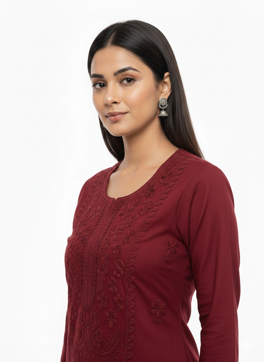 ALVIAURA Maroon Pure Cotton Full-Length Kurti