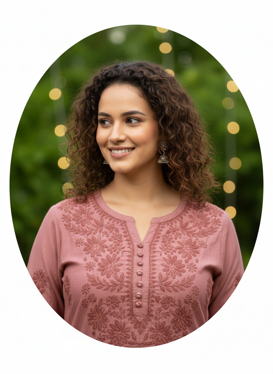 Brown Pure Chanderi Lucknow Chikankari Kurti | Alviaura