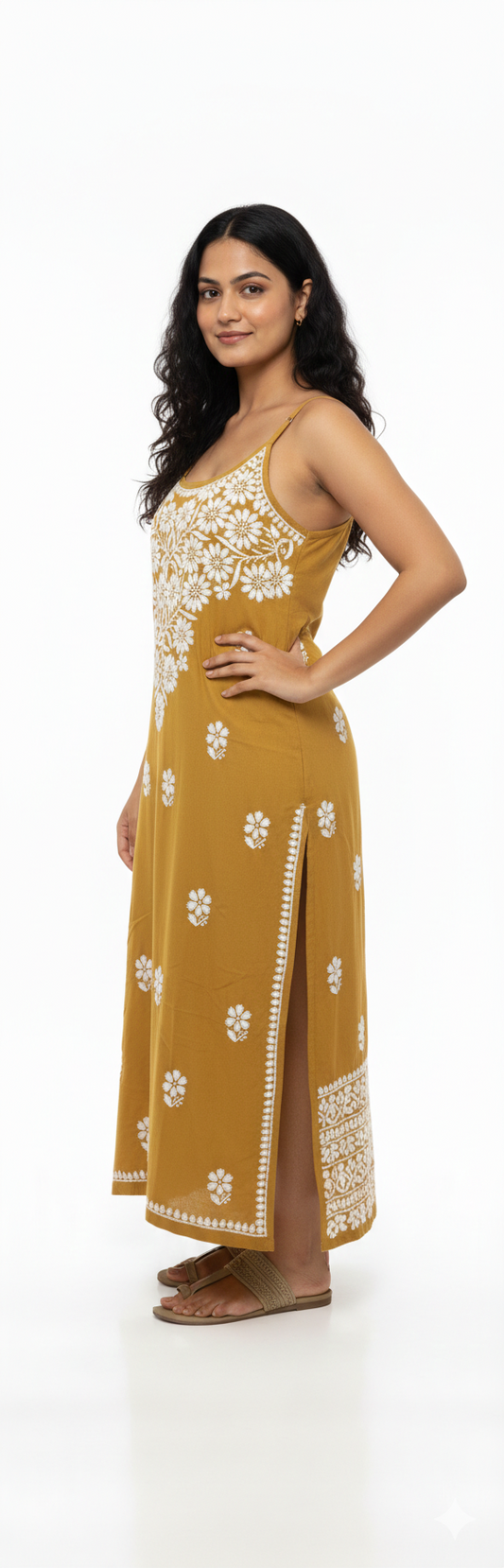 ALVIAURA Mustard Chikankari Rayon Dress for Women
