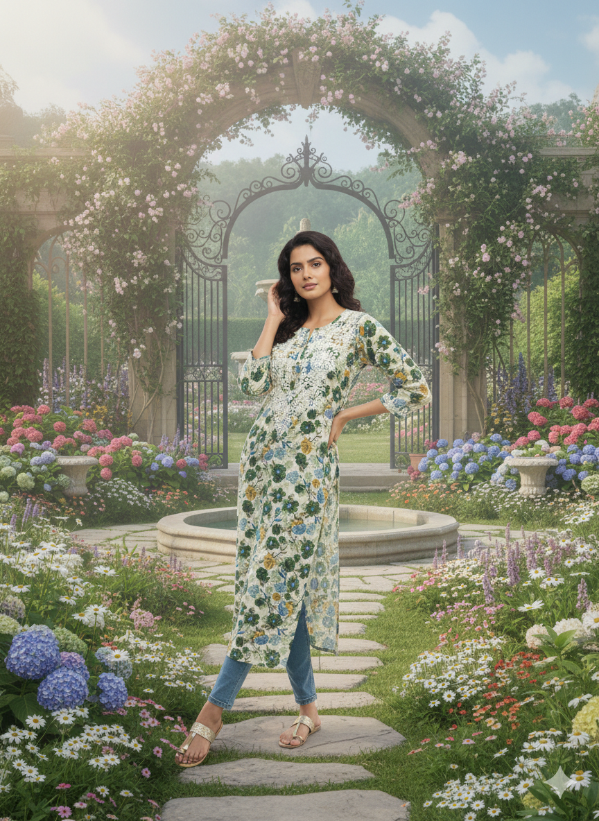 ALVIAURA Green Floral Printed Rayon Kurti