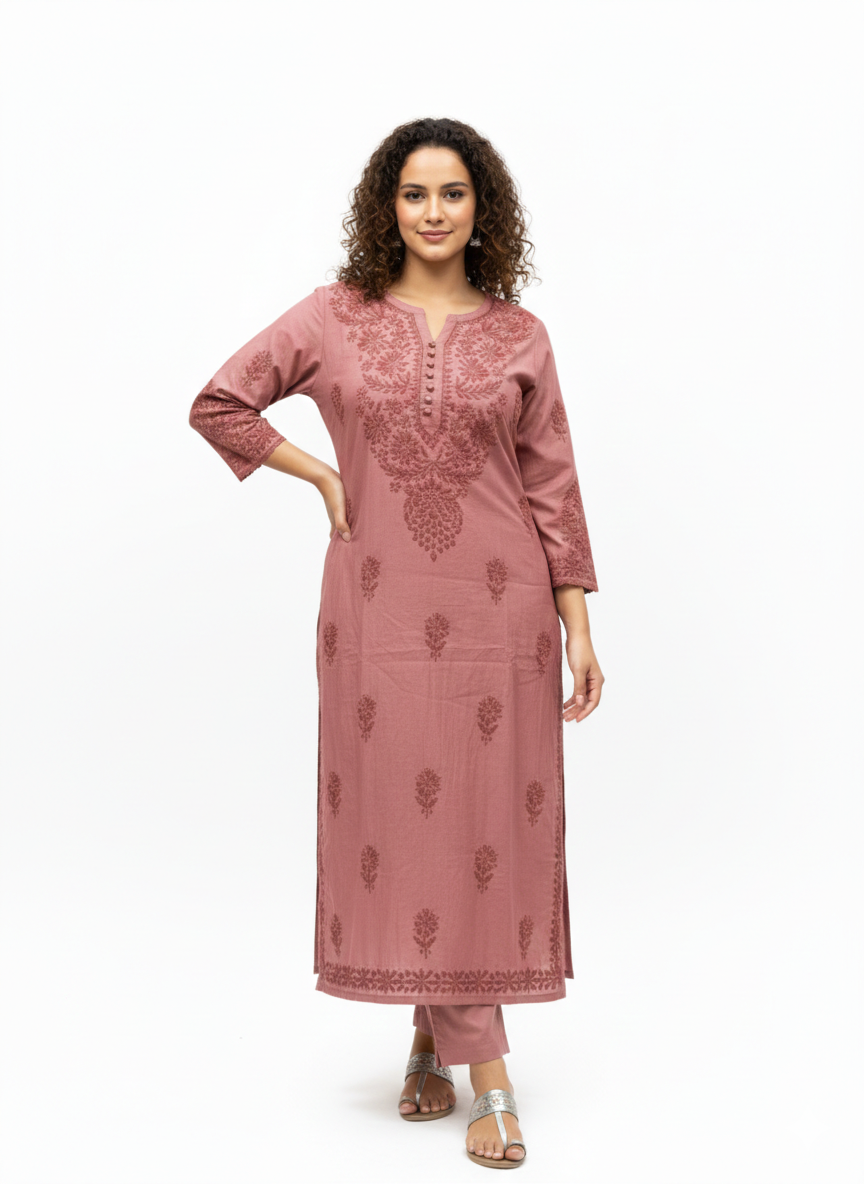 Brown Pure Chanderi Lucknow Chikankari Kurti | Alviaura