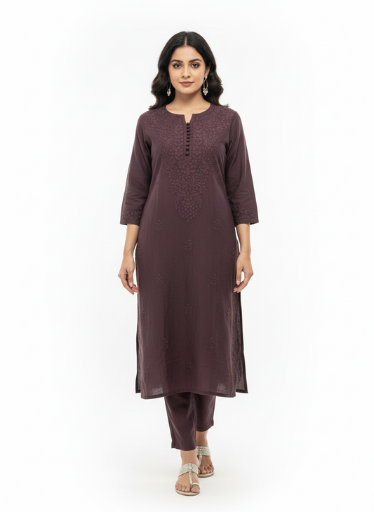 Wine Pure Chanderi Lucknow Chikankari Kurti | Alviaura