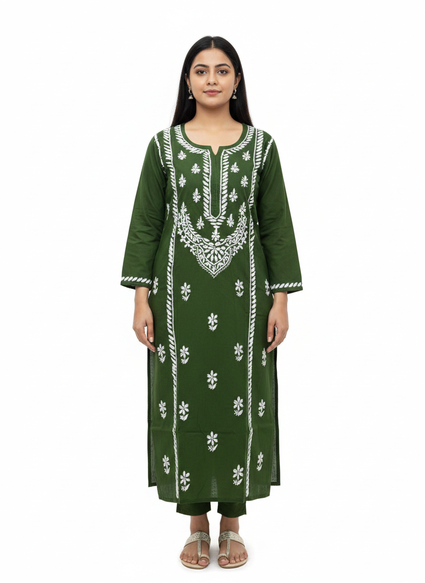 ALVIAURA Green Cotton Lucknow Chikankari Long Kurti for Women