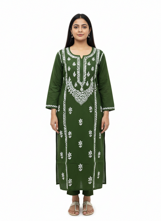 ALVIAURA Green Cotton Lucknow Chikankari Long Kurti for Women