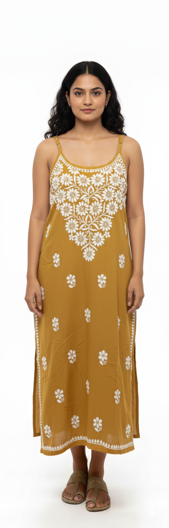 ALVIAURA Mustard Chikankari Rayon Dress for Women
