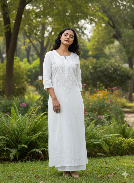 ALVIAURA White Cotton Lucknow Chikankari Kurti for Women