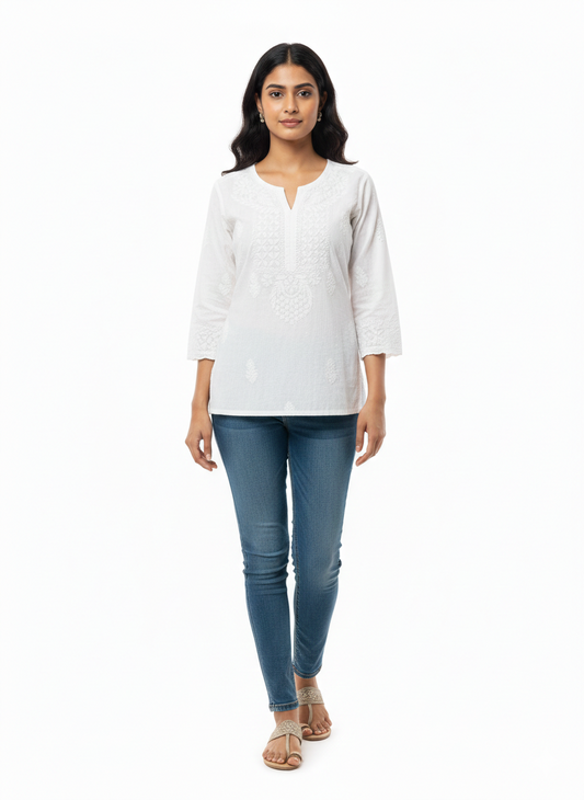 ALVIAURA White Cotton Short Kurti