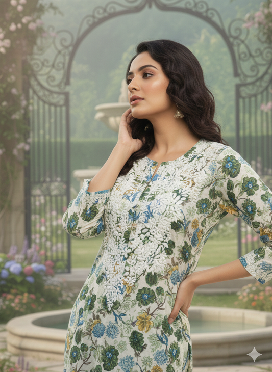 ALVIAURA Green Floral Printed Rayon Kurti