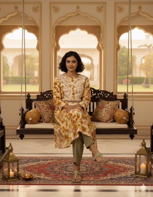 ALVIAURA Beige Floral Printed Rayon Kurti