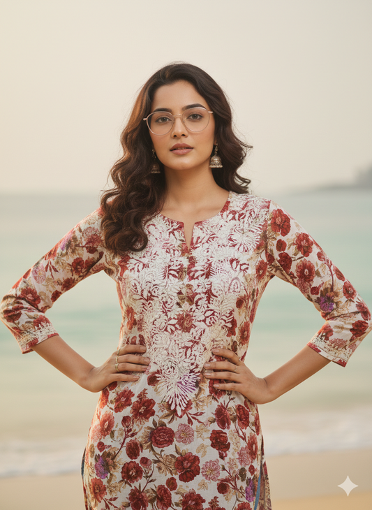 ALVIAURA Red Floral Printed Rayon Kurti