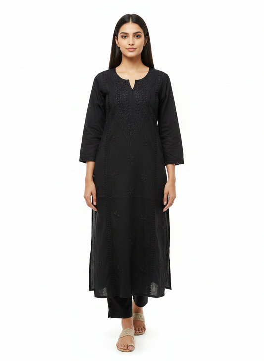 ALVIAURA Black Pure Cotton Full-Length Kurti