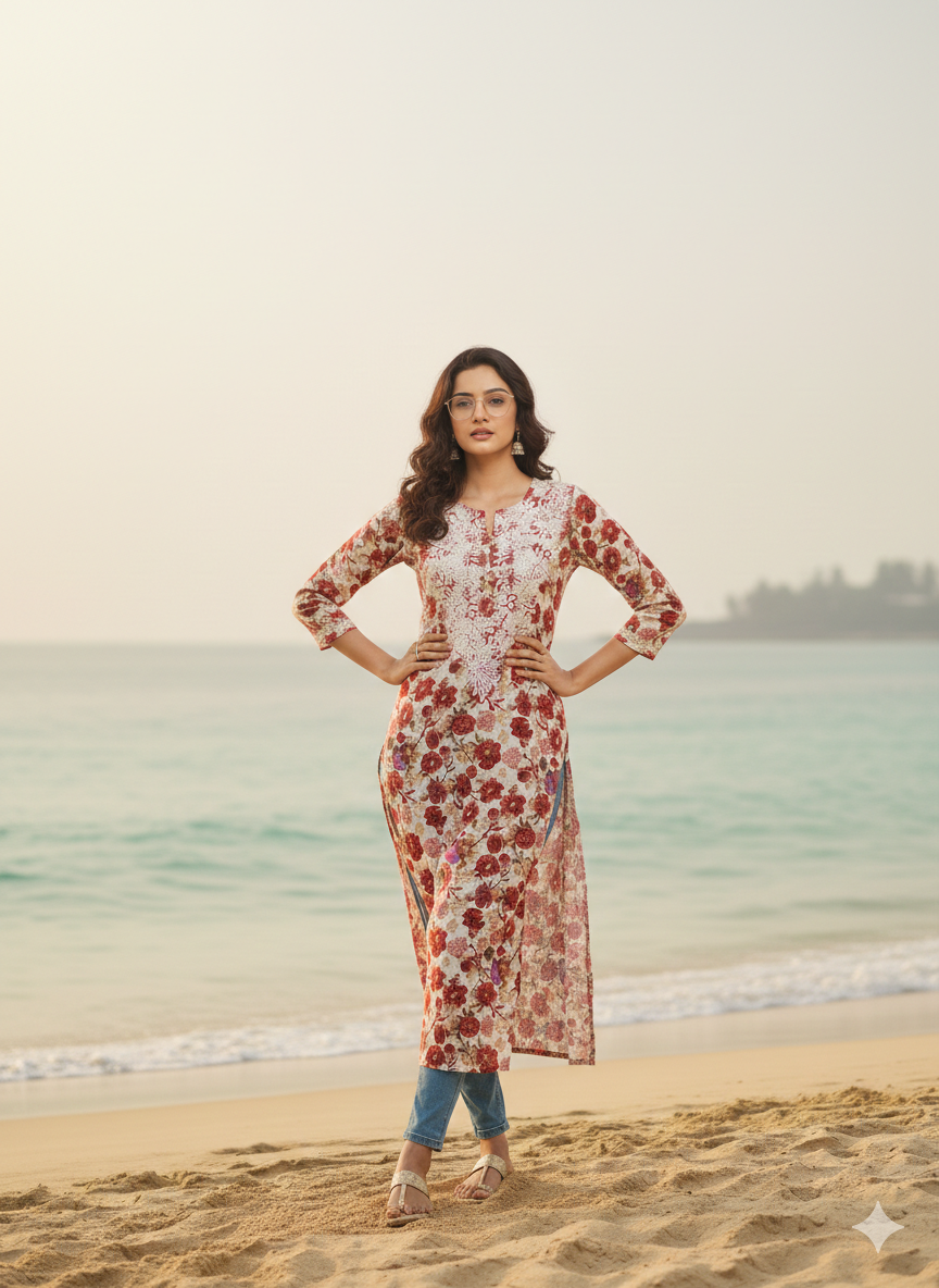 ALVIAURA Red Floral Printed Rayon Kurti