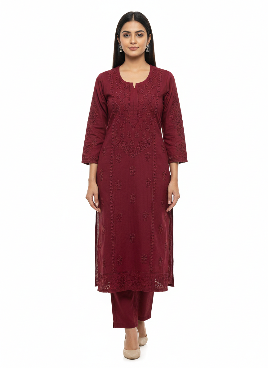 ALVIAURA Maroon Pure Cotton Full-Length Kurti