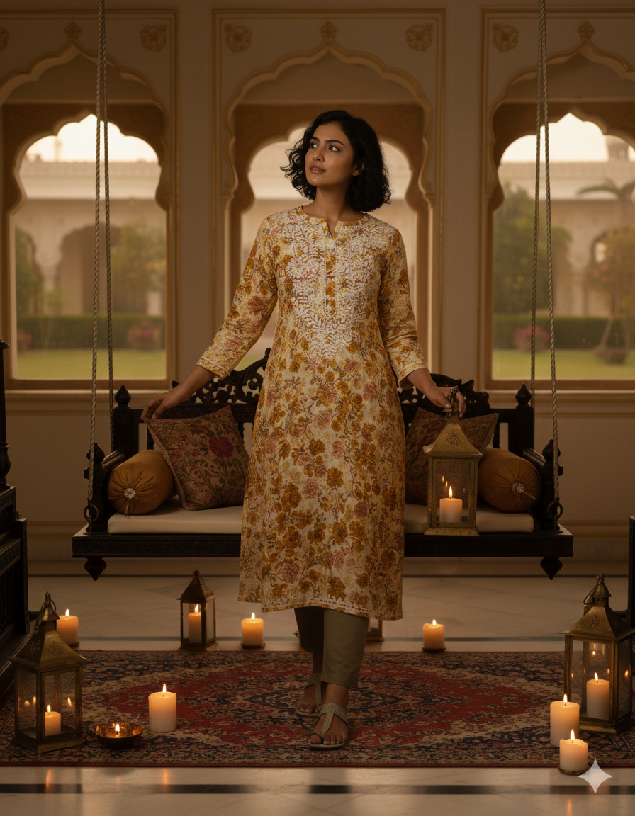 ALVIAURA Beige Floral Printed Rayon Kurti