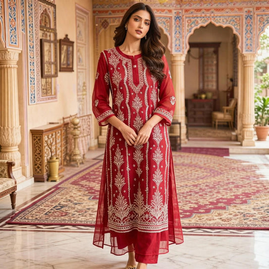 Red Georgette Embroidered Kurti for Women