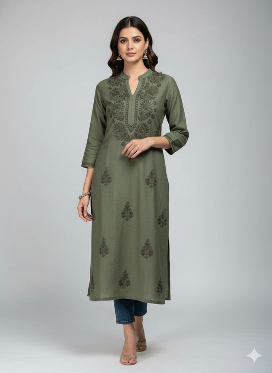 Olive Green Chanderi Embroidered Kurti for Women