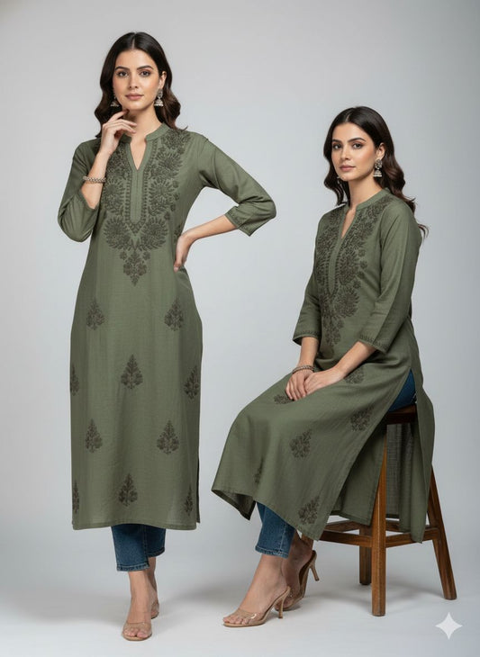 Olive Green Chanderi Embroidered Kurti for Women