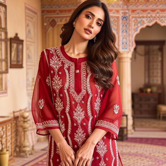 Red Georgette Embroidered Kurti for Women