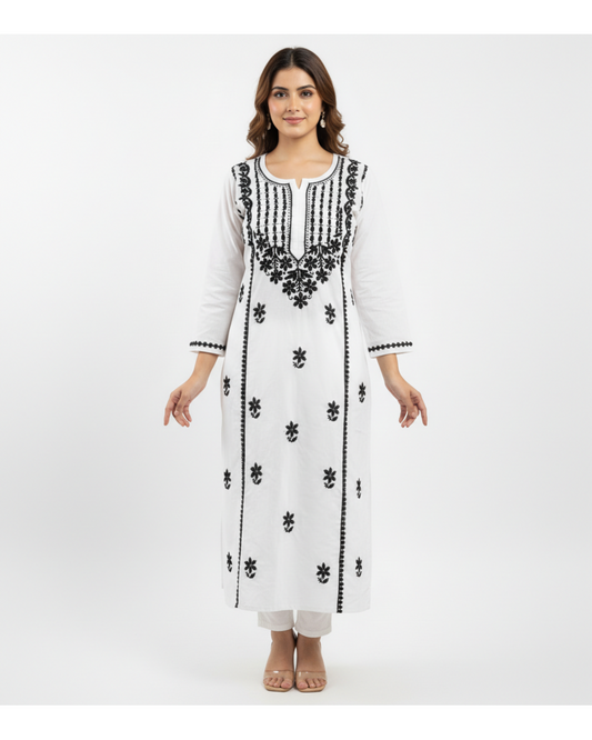 White Cotton Blend Embroidered Straight Kurti for Women
