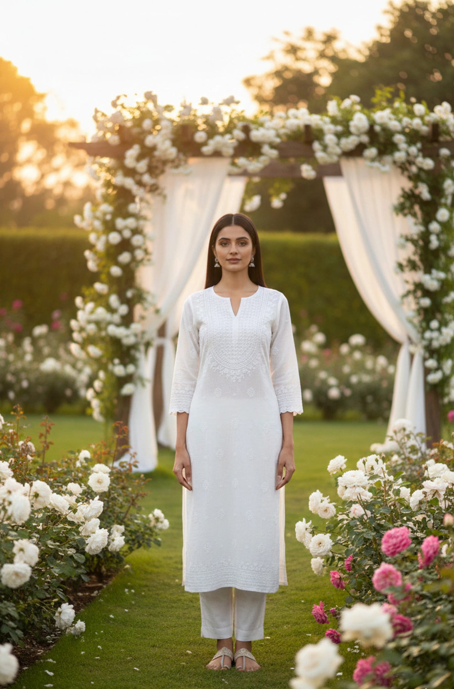 White Lucknow Chikankari Kurti in Zig Zag Rayon | Alviaura