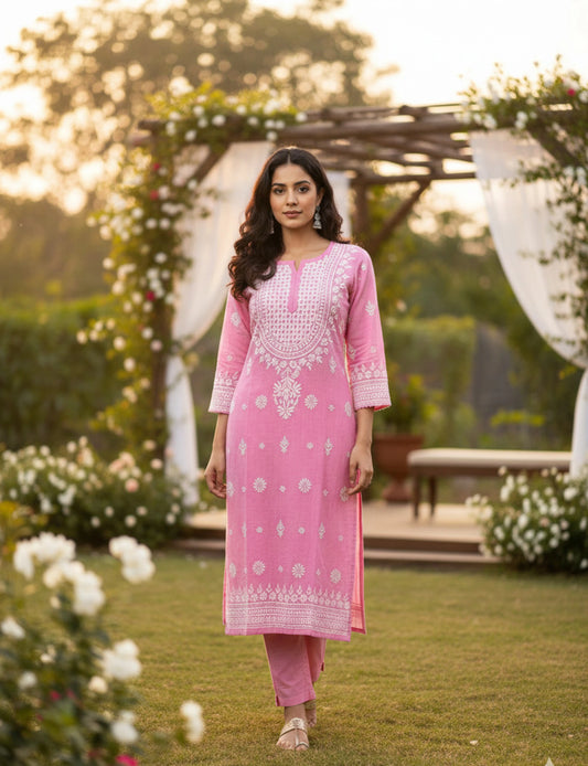 Pink Lucknow Chikankari Embroidered Kurti in Zig Zag Rayon – Alviaura